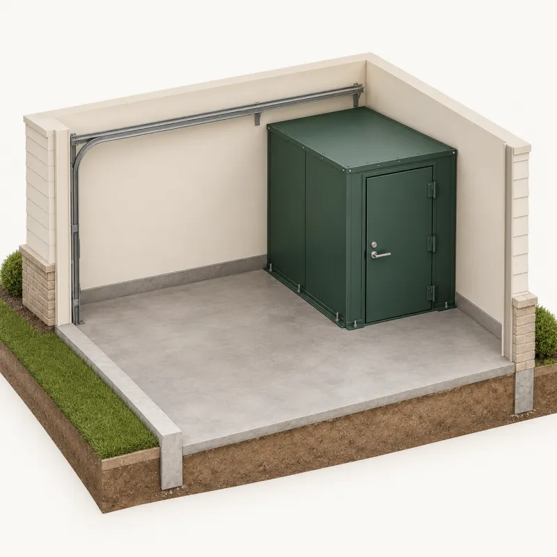 Illustration of a steel safe room standing on a garage floor slab