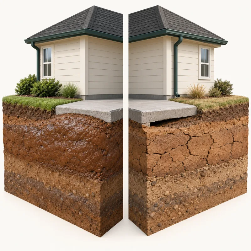 Cutaway illustration of the same house corner on swollen moist clay and on dry cracked clay