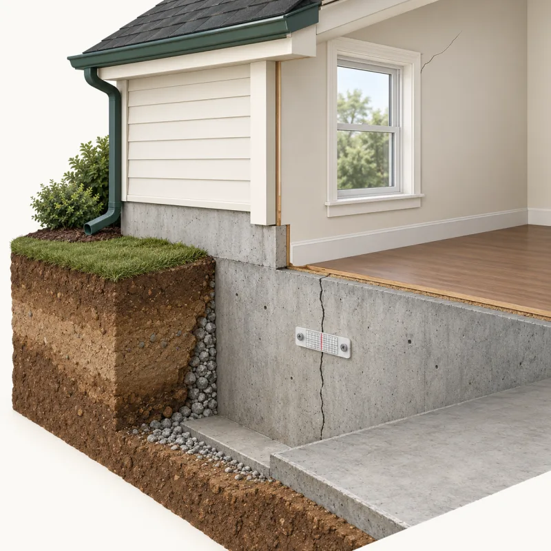 Cutaway illustration of a concrete foundation wall with a vertical hairline crack and a crack monitor, and a crack above a window
