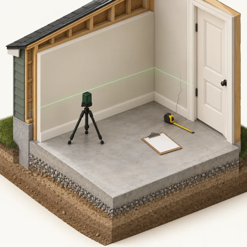 Illustration of a room corner with a laser level on a tripod, a tape measure and a clipboard on the floor