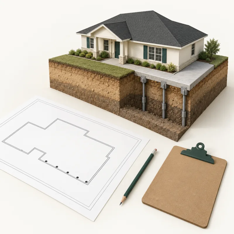 Illustration of a foundation plan with pier locations beside a model house on a slab with steel piers under its edge