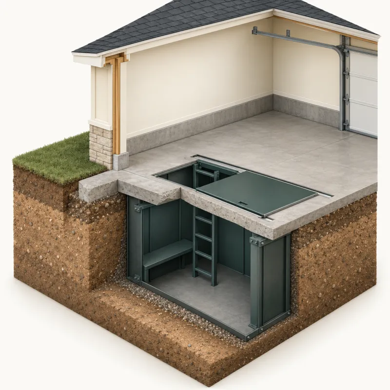 Cutaway illustration of a steel storm shelter set below a garage floor with a sliding lid