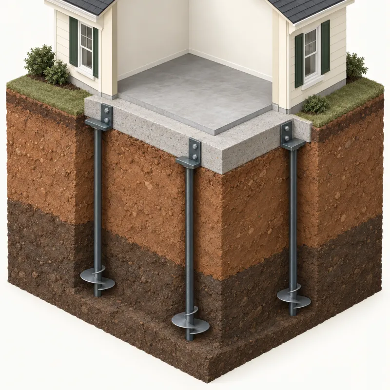 Cutaway illustration of helical piers with screw-like plates, fixed to a footing with brackets