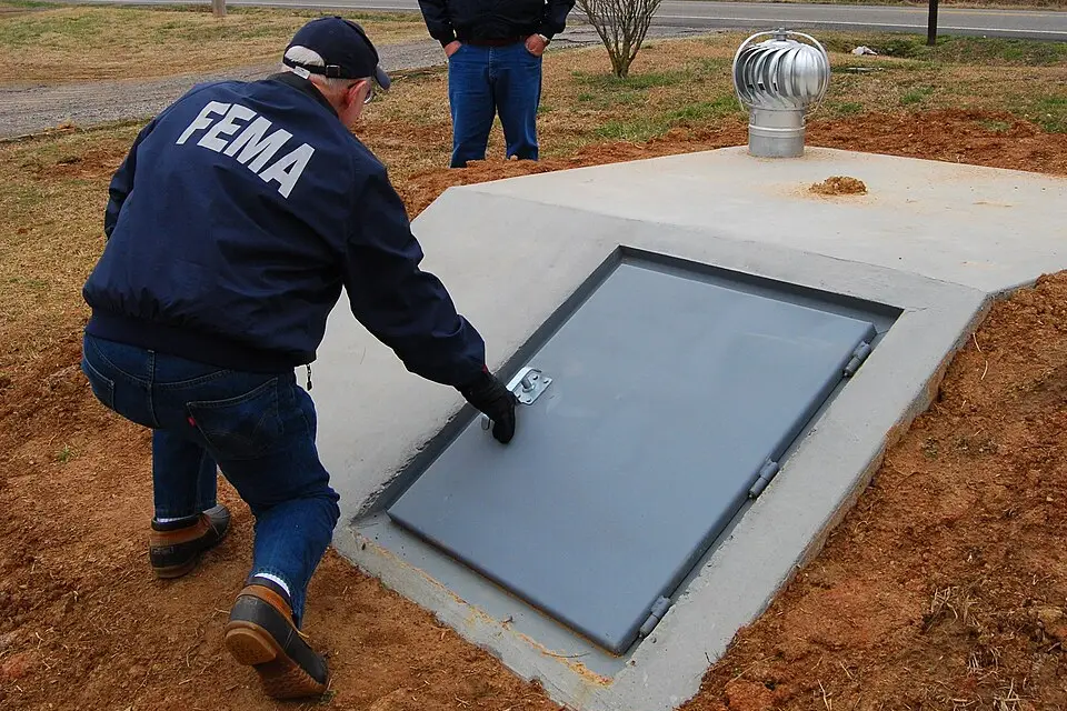 Concrete entry and steel door of a newly installed underground storm shelter in a yard