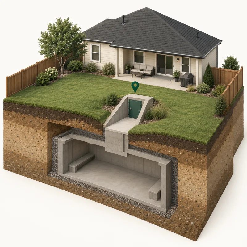 Cutaway illustration of a back-yard underground shelter with a map pin above its entry