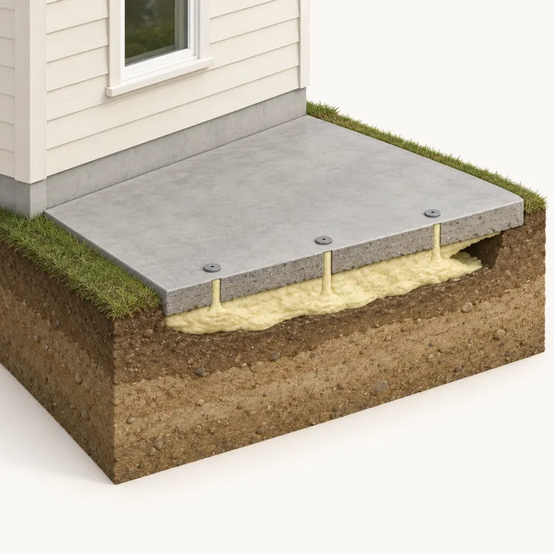 Cutaway illustration of foam filling the gap under a sunken concrete slab through drilled holes