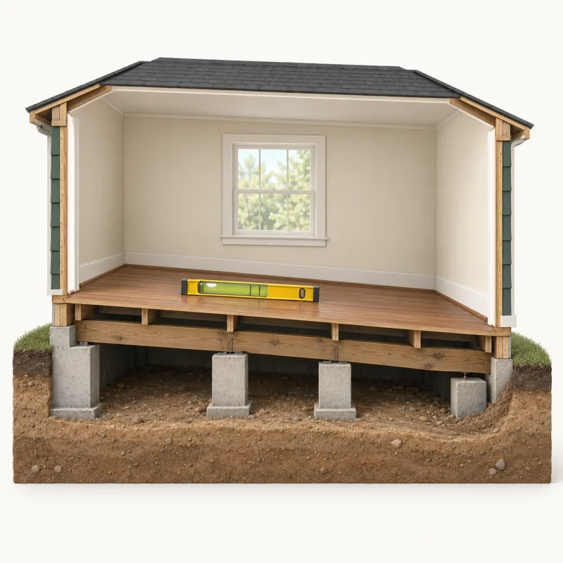 Cutaway illustration of a pier-and-beam room whose floor slopes toward a sunken pier, with a spirit level on the floor