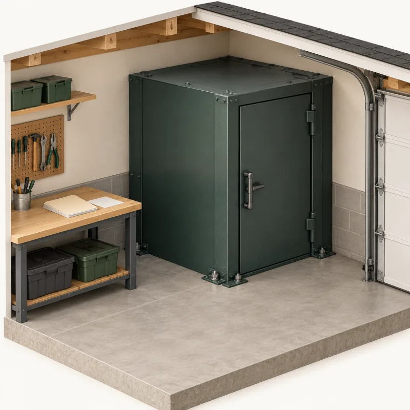 Illustration of a steel safe room bolted to a garage floor next to a workbench with paperwork