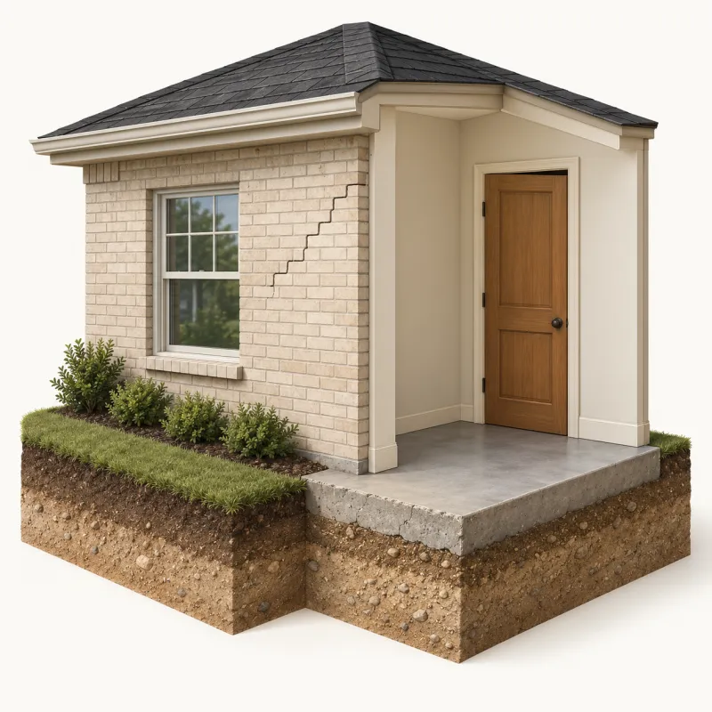 Illustration of a brick wall with a stair-step crack running from a window corner