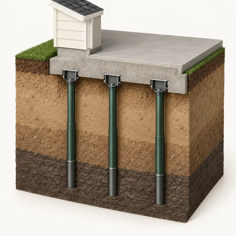 Cutaway illustration of steel push piers fixed under a concrete footing and reaching a deeper soil layer
