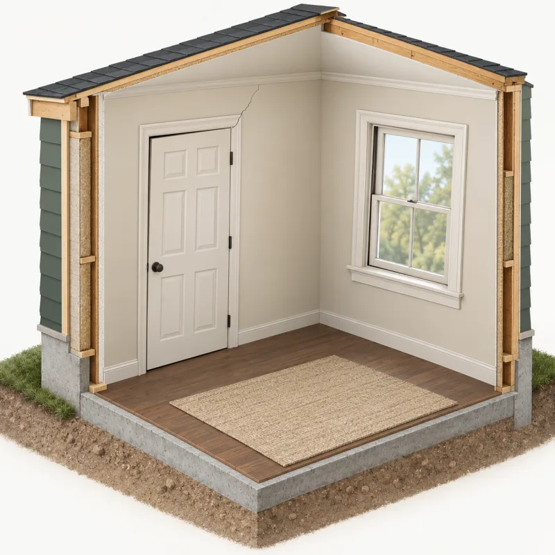 Illustration of a room corner with a door slightly out of square in its frame and a crack running up from the frame