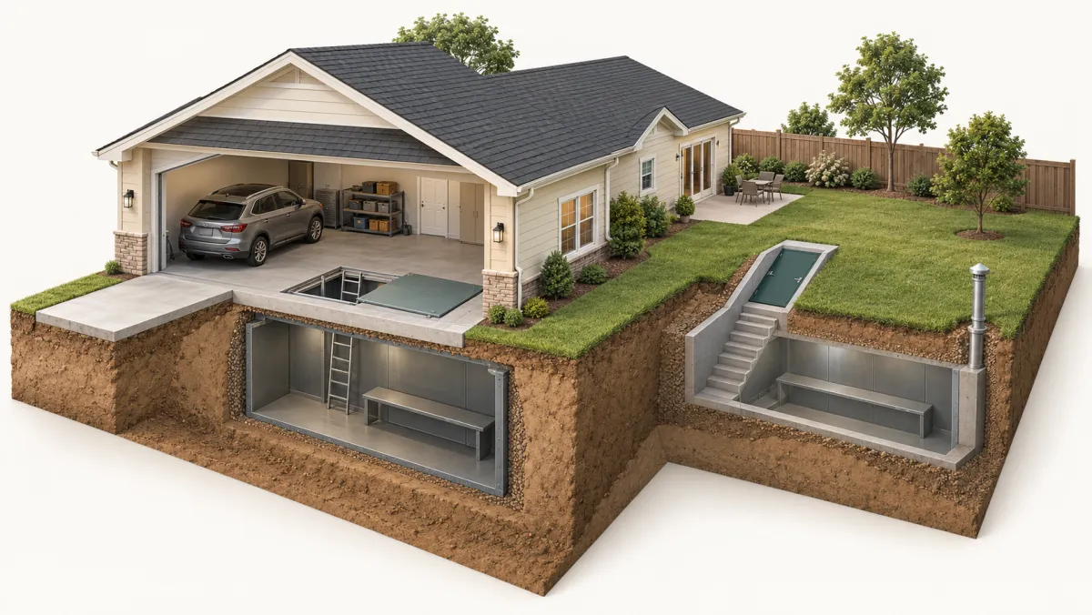 Cutaway illustration of a house with a storm shelter below the garage floor and a separate underground shelter in the back yard