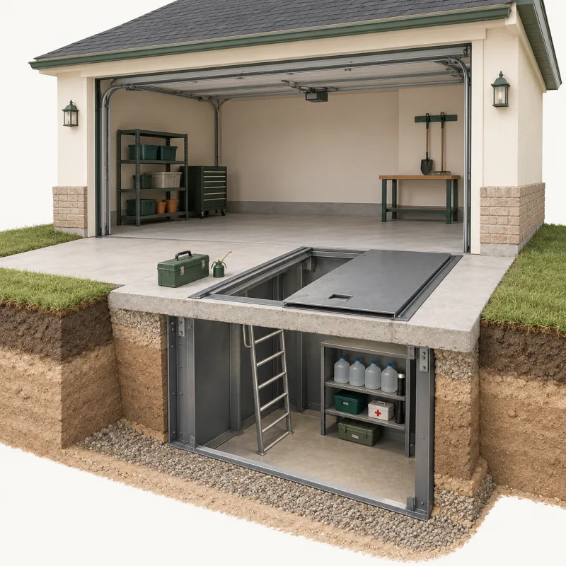 Cutaway illustration of a garage-floor shelter with the lid partly open, a ladder and a shelf of supplies