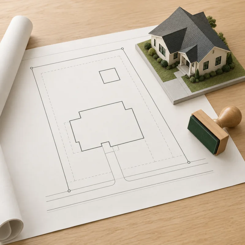 Illustration of a site plan sheet with a house footprint and a small shelter square, beside a model house and a stamp
