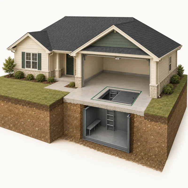 Cutaway illustration of a house with a steel storm shelter below the garage floor, its area outlined on the slab