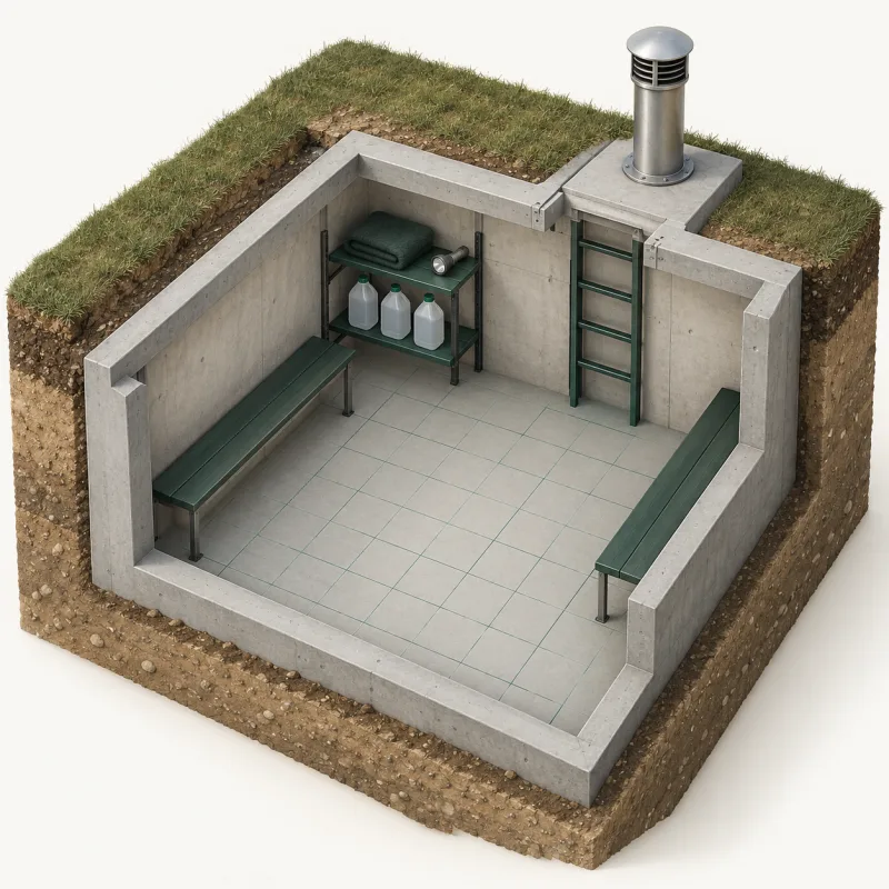 Cutaway illustration of an underground shelter interior with benches, water jugs and open floor space