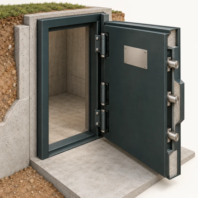 Illustration of a heavy steel shelter door with three deadbolts, strong hinges and a blank label plate