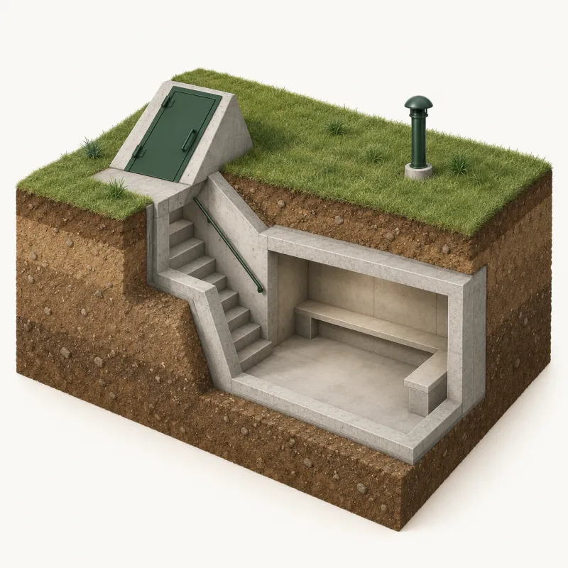 Cutaway illustration of an underground yard shelter with a sloped concrete entry and a vent